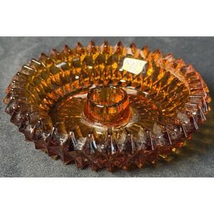 Indiana Glass Amber Diamond Point Candle Votive Holder Round Vintage Heavy Glass